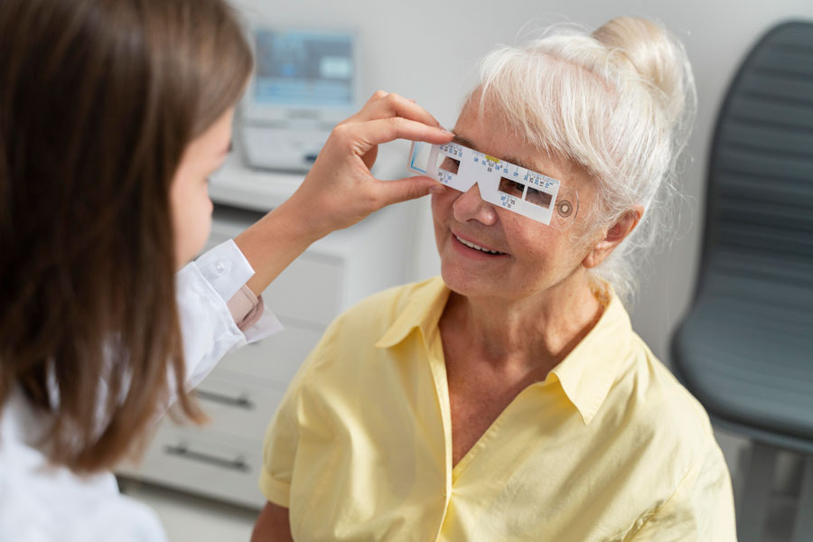 senior woman getting an eye exam by optometrist
